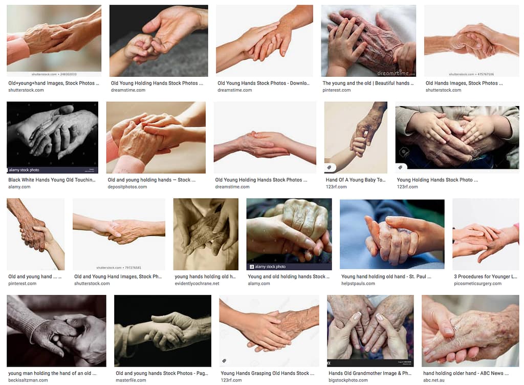 Screen grab of multiple images of young hands holding old hands