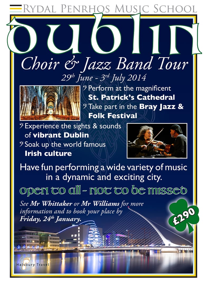 Dublin Tour promotion poster for an independent school's music department.